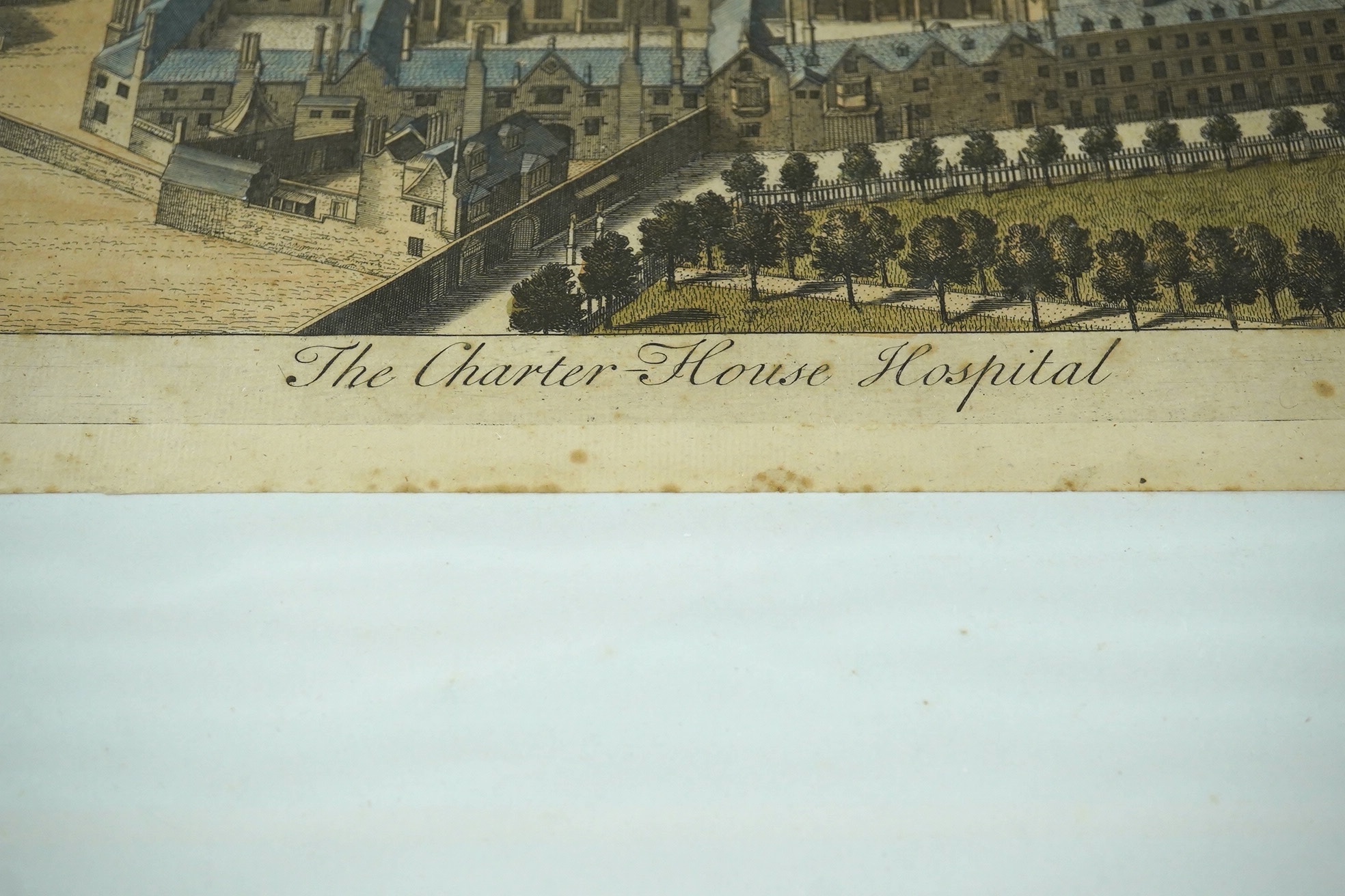 After William Henry Toms (1700–1765), coloured engraving, ‘The Charterhouse Hospital’, 24 x 40cm. Condition - poor